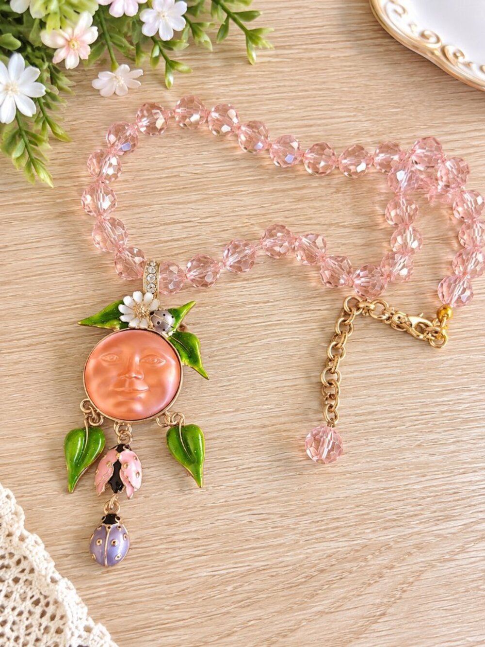 Kirk’s Folly Pink Crystal Moon Face Ladybug Enamel Necklace 16–19"
